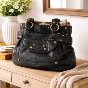 B Makowsky Genuine Leather Studded Flap Hobo Tote In Black With Gold Hardware